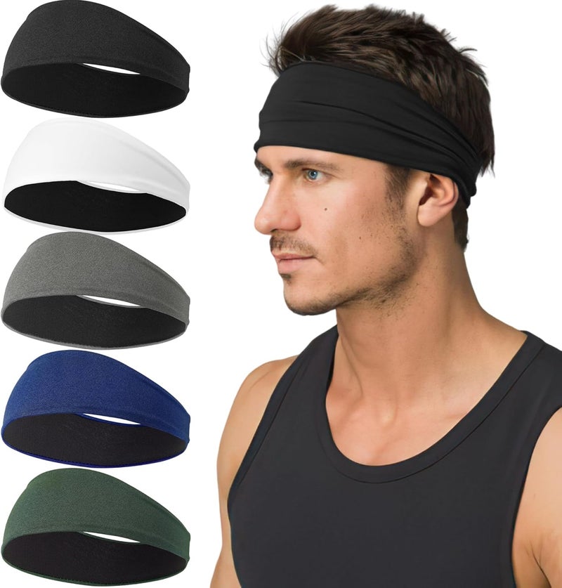 CellElection 5 Pack Sports Headband for Men, Breathable Mesh Design, Reused & Washed Mens Headband Sweat Bands for Running Yoga Fitness Workout - Image 1